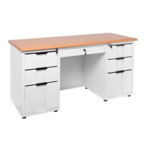 ΕΟ443,1 ΓΡΑΦΕΙΟ 6-Συρτάρια, Μέταλλο Βαφή Άσπρο, Επιφάνεια Απόχρωση Maple  140x60x75cm