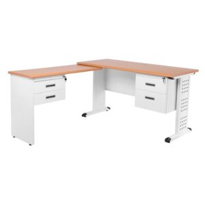 ΕΟ442,1 ΓΡΑΦΕΙΟ Γωνία, Μέταλλο Βαφή Άσπρο, Επιφάνεια Απόχρωση Maple  140x100x60/45cm H.75/72cm