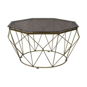 ΕΜ522,2 GRID Τραπεζάκι Σαλονιού Οκτάγωνο, Μέταλλο Βαφή Χρυσό Γυαλί Tea Colour Tempered  Φ87cm/H.44cm(Top Φ80cm)