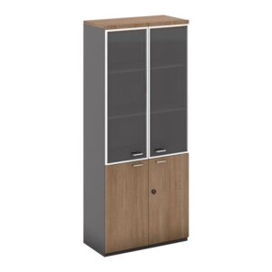 ΕΟ968 PROLINE Βιβλιοθήκη Γραφείου, 3 Ράφια Πόρτες Γυαλί, Ντουπάπι, Απόχρωση Καρυδί Δρυς - Μαύρο  80x40x200cm